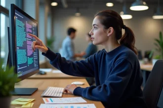 Ingénieure informatique analysant une visualisation de tokenisation de texte sur un écran d'ordinateur dans un bureau moderne