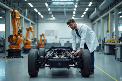 Ingénieur automobile analysant un châssis de véhicule électrique dans une usine de fabrication moderne équipée de bras robotiques