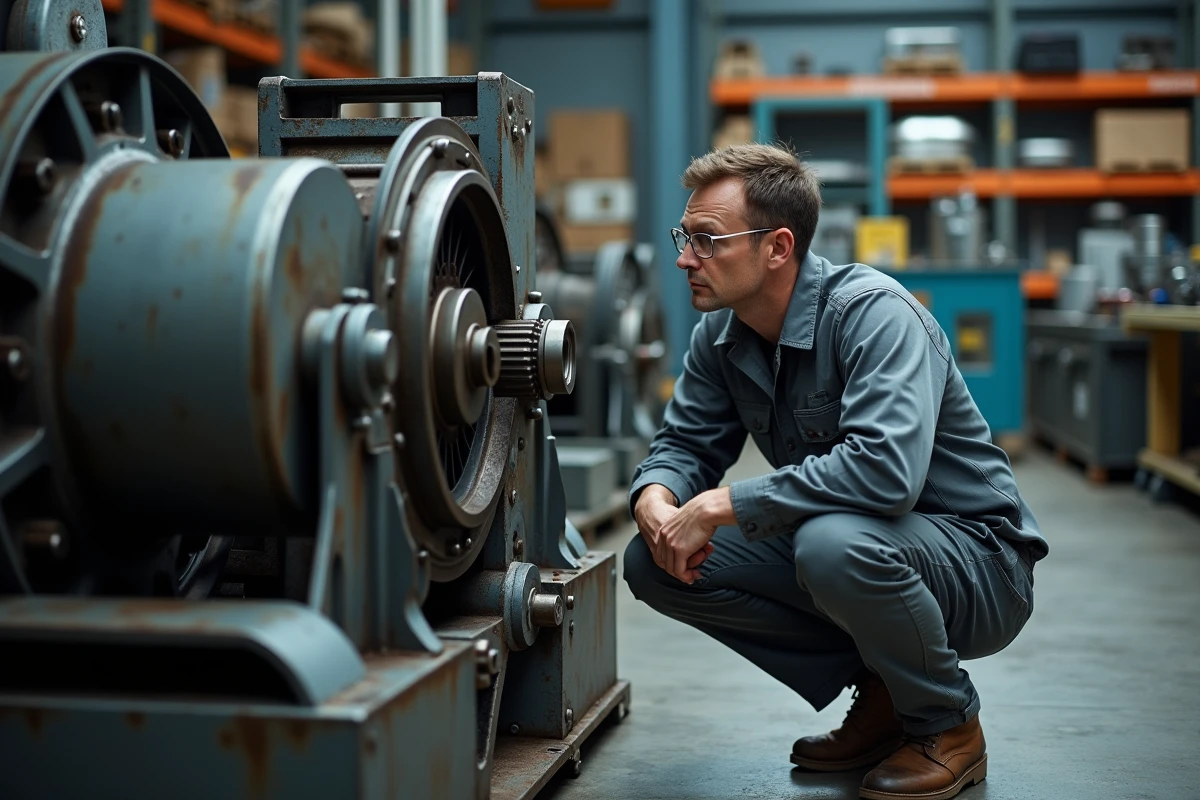 Ingénieur examinant un mécanisme de rotation industriel avec engrenages et courroie circulaire