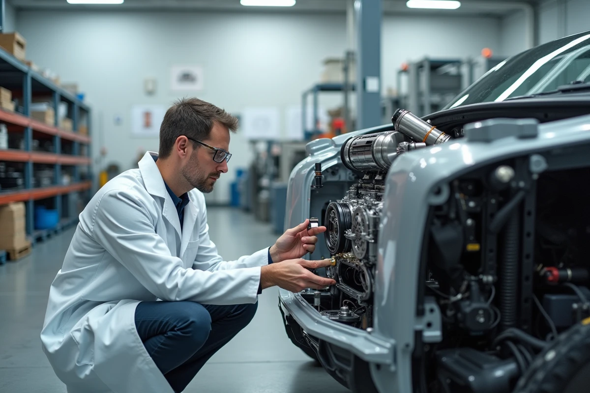 Ingénieur automobile examinant un moteur à pile à combustible hydrogène dans un laboratoire de recherche