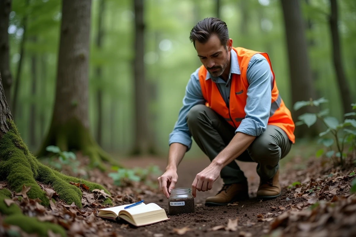 Ingénieur environnement prélevant un échantillon de sol en forêt dans le cadre d'une évaluation conforme à l'ISO 14001