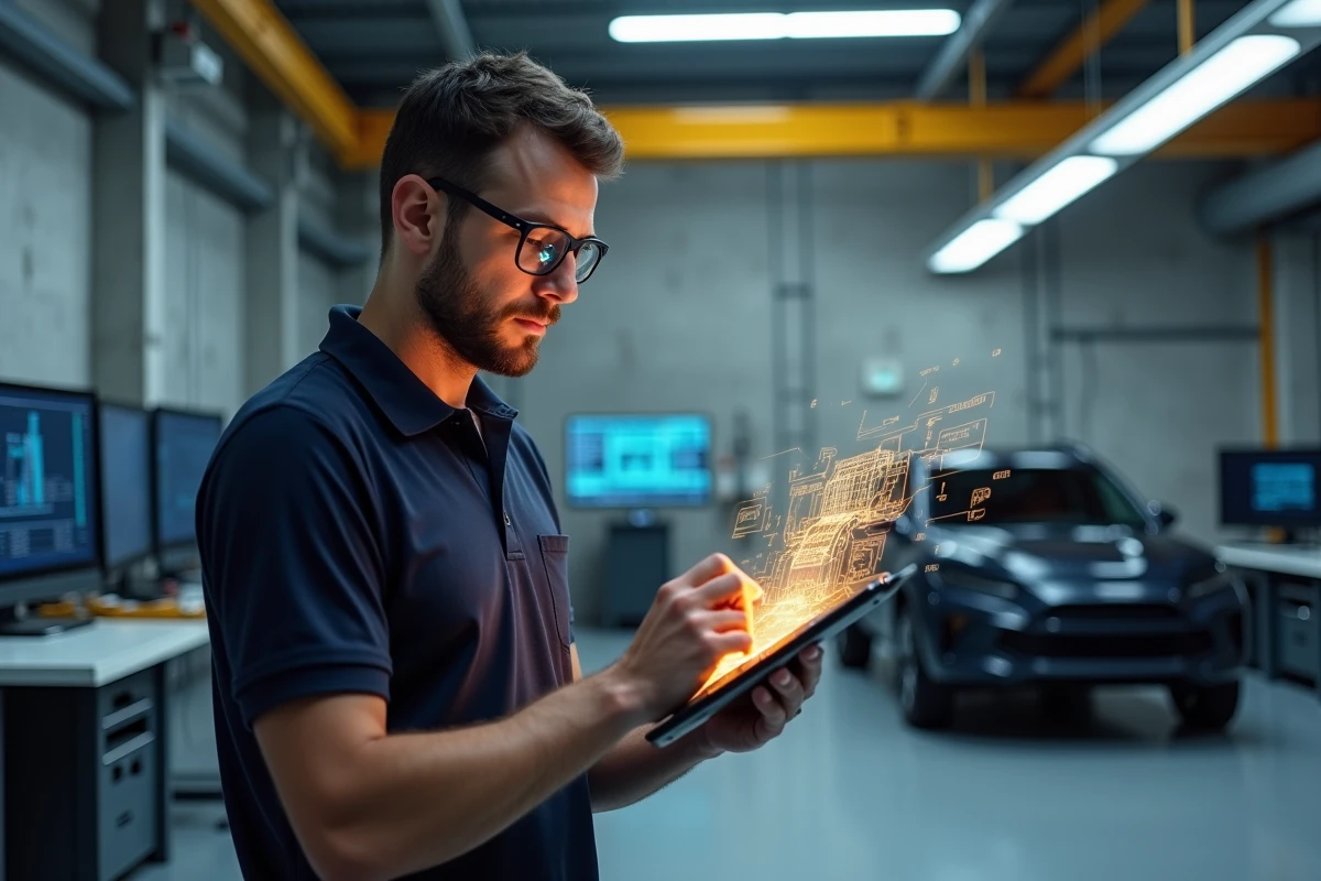 Ingénieur automobile interagissant avec une interface holographique dans un laboratoire de recherche et développement de voitures 2026