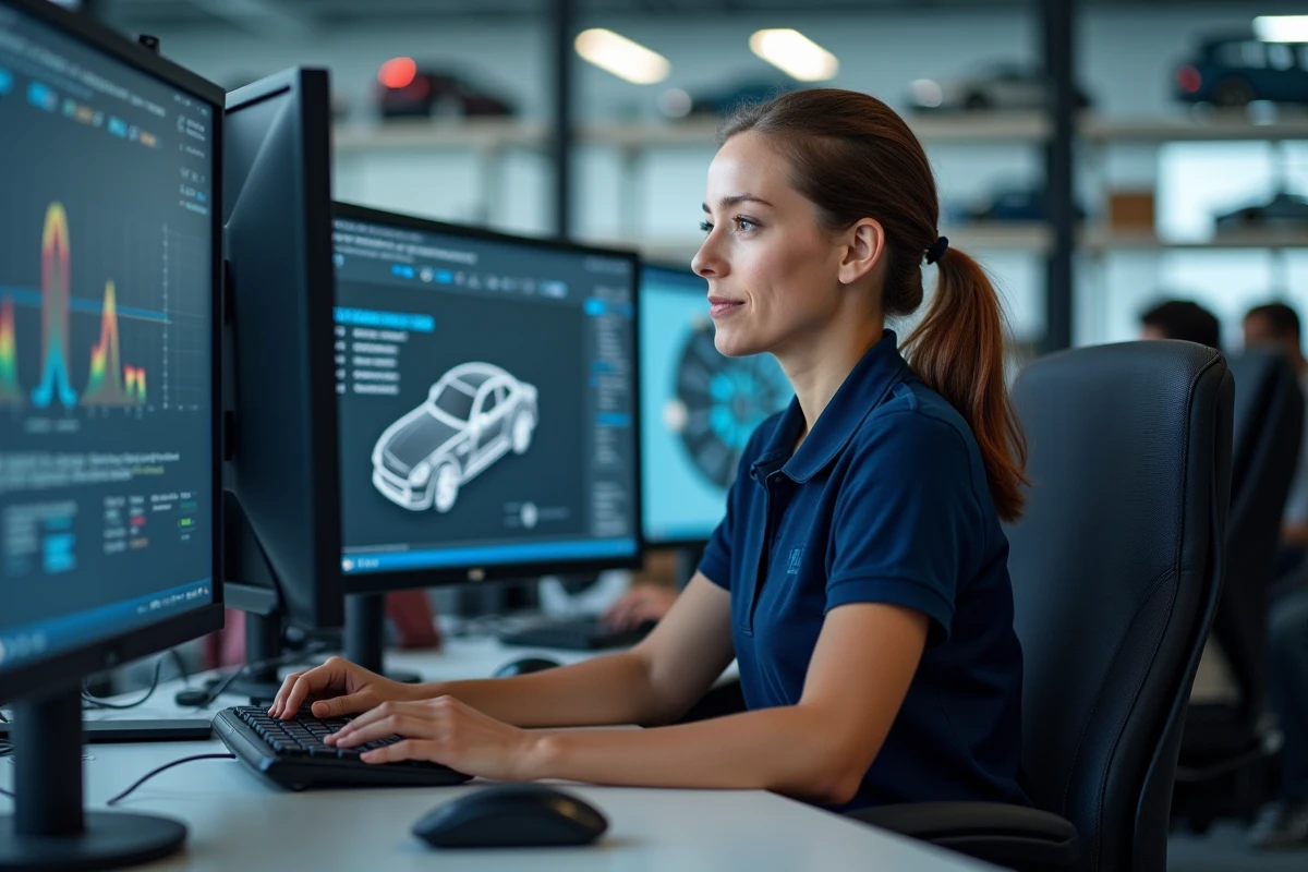 Ingénieure en logiciel automobile travaillant sur des logiciels de simulation CAO et des tableaux de bord de télémétrie véhicule