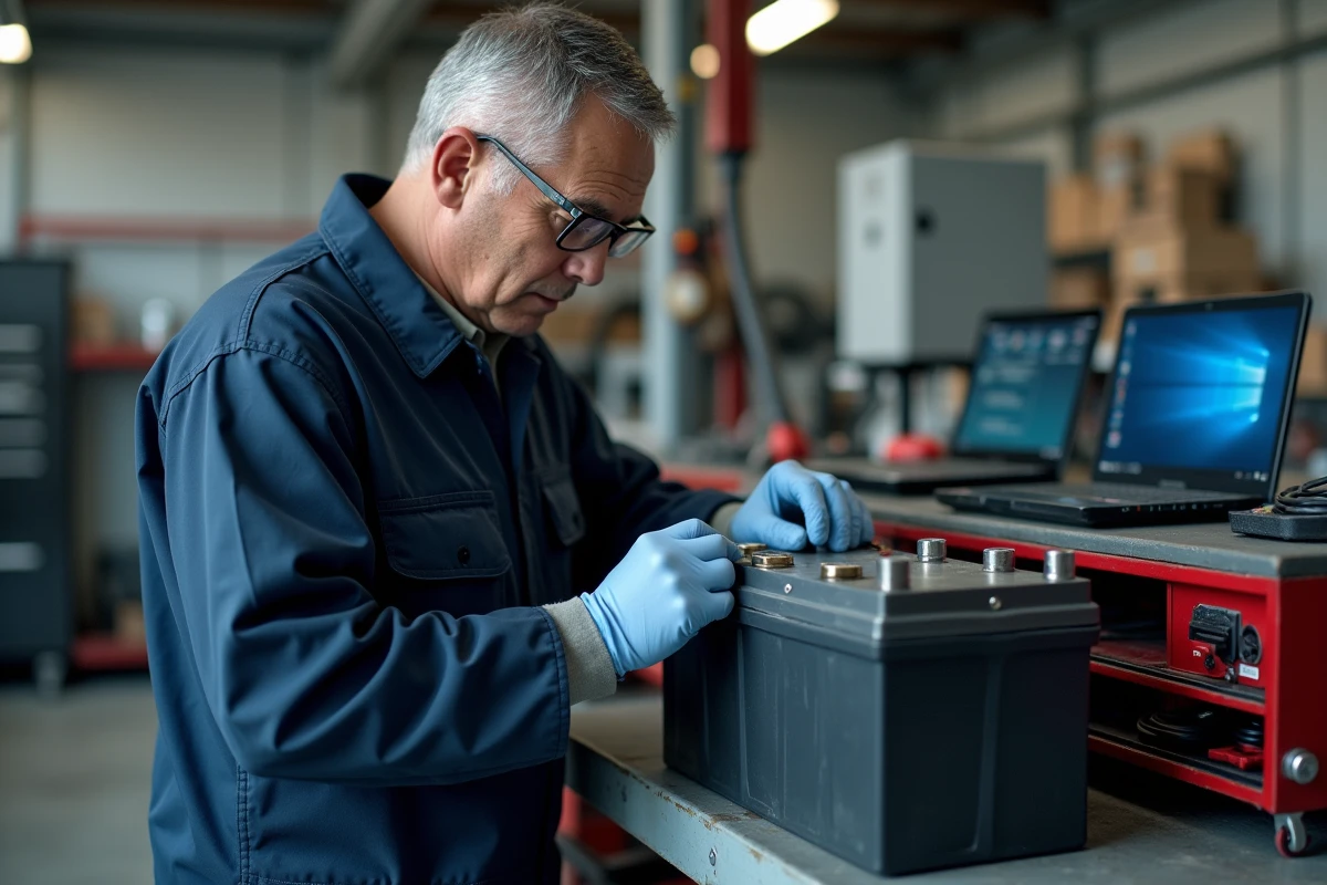 Technicien inspectant une batterie hybride usagée dans un atelier de mécanique automobile