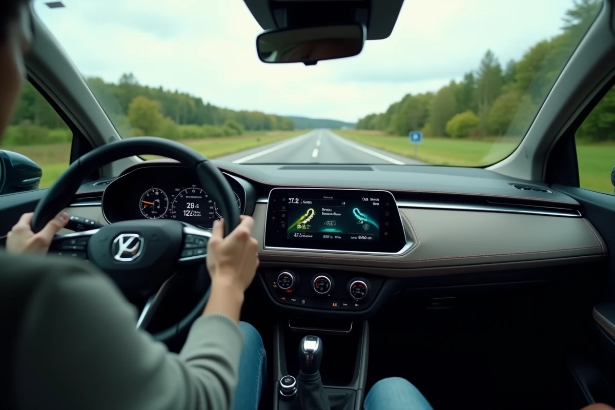Tableau de bord d'une voiture hybride non rechargeable avec affichage du flux d'énergie sur autoroute française