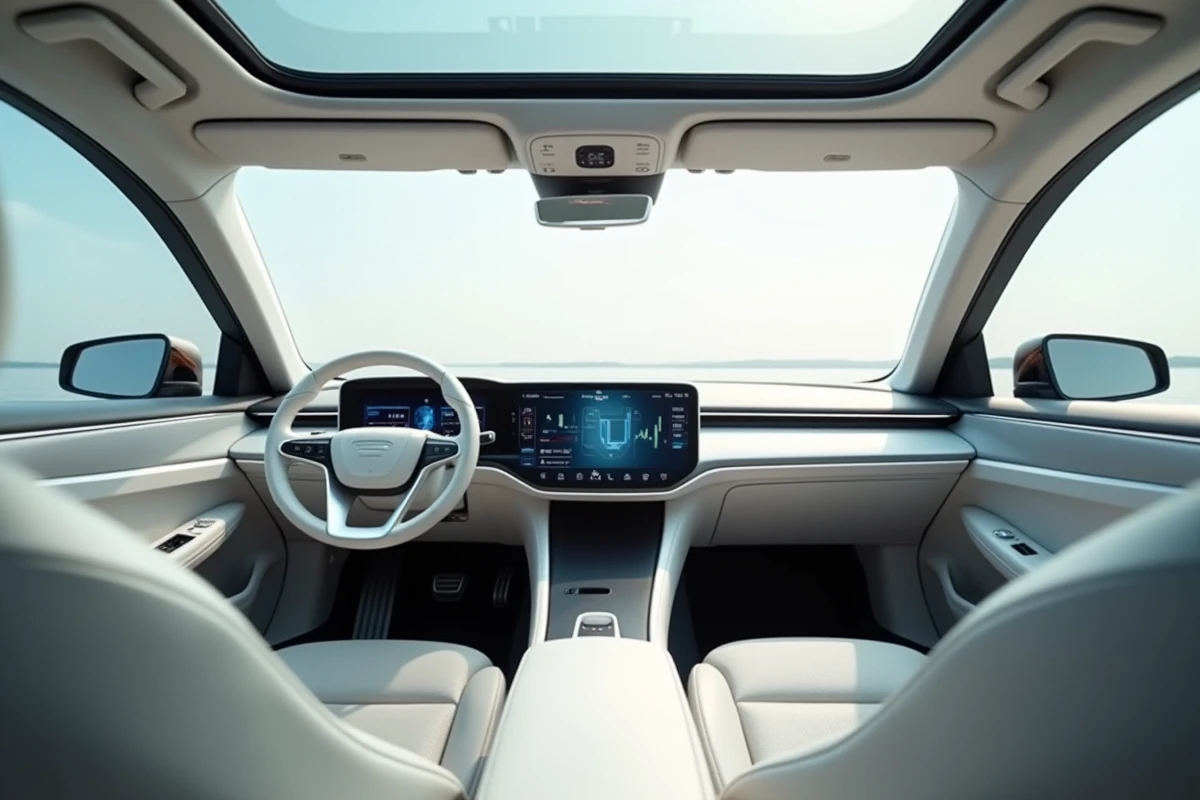 Intérieur de voiture autonome 2026 avec tableau de bord OLED et sièges en tissu recyclé premium
