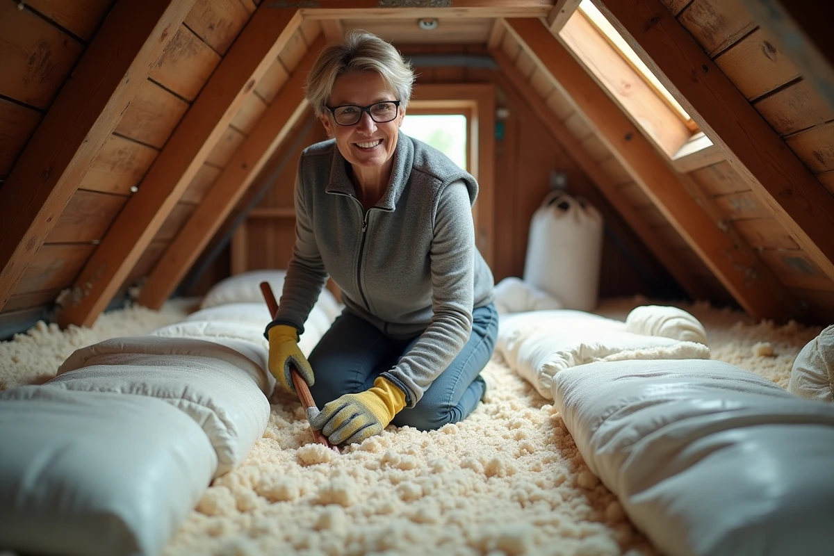 Femme étalant de la ouate de cellulose soufflée dans les combles d'une maison pour optimiser l'isolation thermique à moindre coût