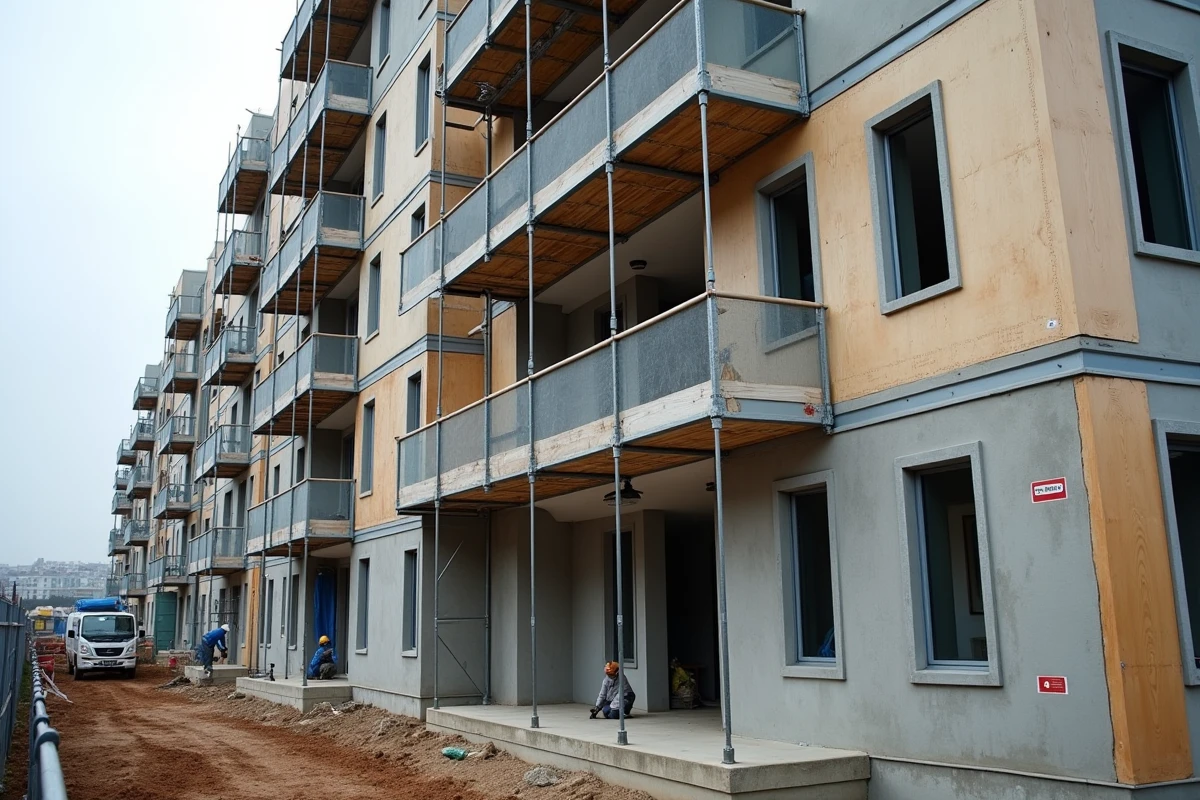 Façade d'immeuble résidentiel en construction avec pose de panneaux d'isolation thermique extérieure et échafaudages, conformité réglementation thermique