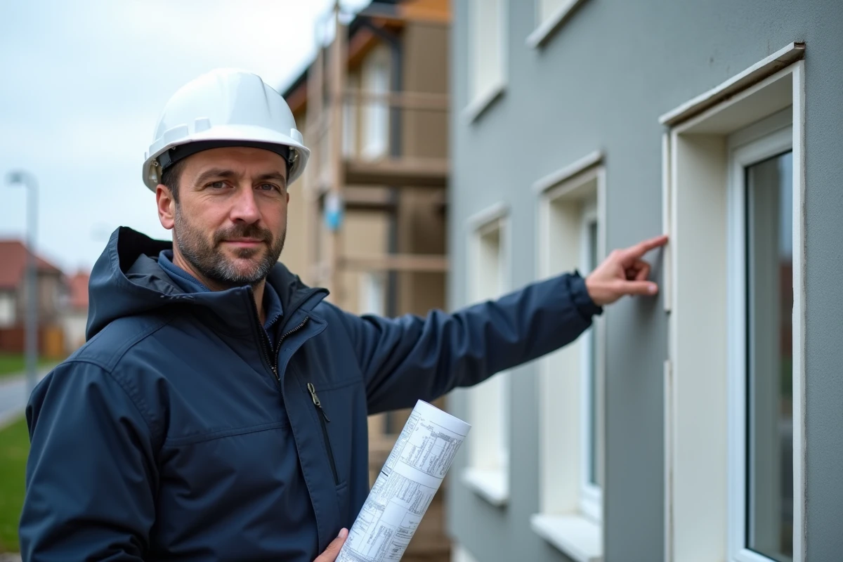 Architecte pointant les panneaux d'isolation thermique par l'extérieur d'une maison individuelle lors d'un chantier de rénovation énergétique
