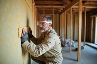 Artisan posant des panneaux de laine minérale sur les murs intérieurs d'une maison en rénovation pour une isolation thermique rentable