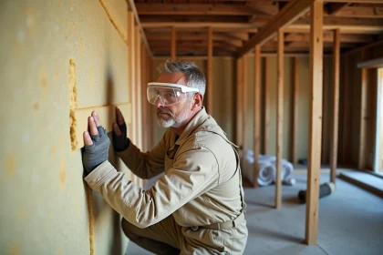 Artisan posant des panneaux de laine minérale sur les murs intérieurs d'une maison en rénovation pour une isolation thermique rentable