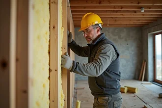 Ouvrier installant des panneaux d'isolation thermique en laine minérale dans les murs d'une maison en rénovation, illustrant la réglementation thermique RT
