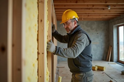 Ouvrier installant des panneaux d'isolation thermique en laine minérale dans les murs d'une maison en rénovation, illustrant la réglementation thermique RT