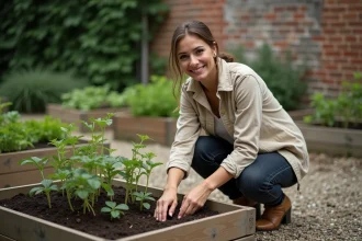 Femme plantant des légumes dans un jardin communautaire urbain, illustrant le développement durable et la reconnexion à la nature en ville