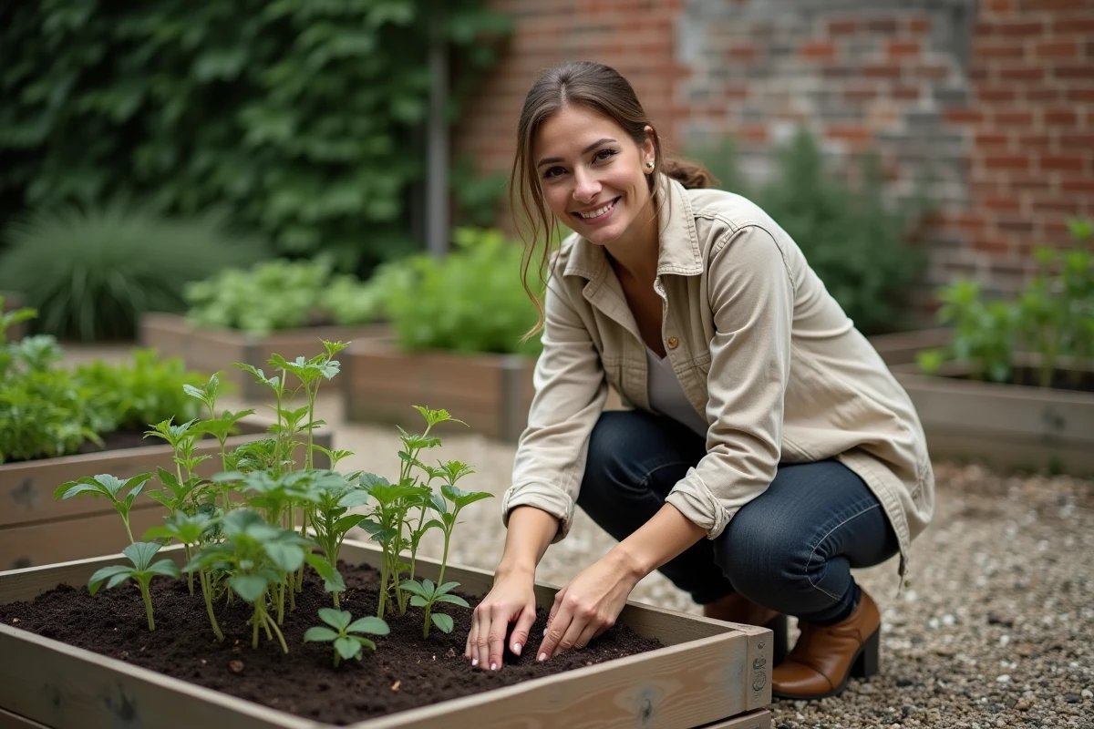 Femme plantant des légumes dans un jardin communautaire urbain, illustrant le développement durable et la reconnexion à la nature en ville