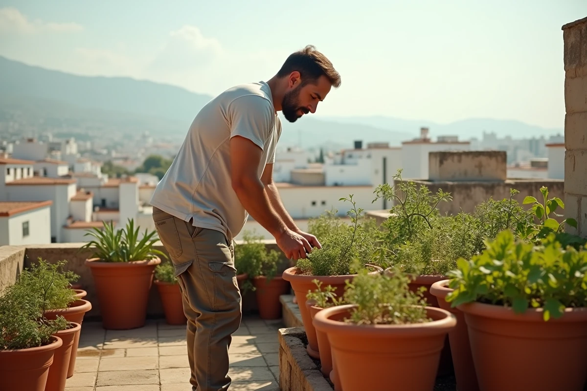 Homme entretenant un jardin potager sur un toit en ville méditerranéenne, adaptation urbaine au changement climatique