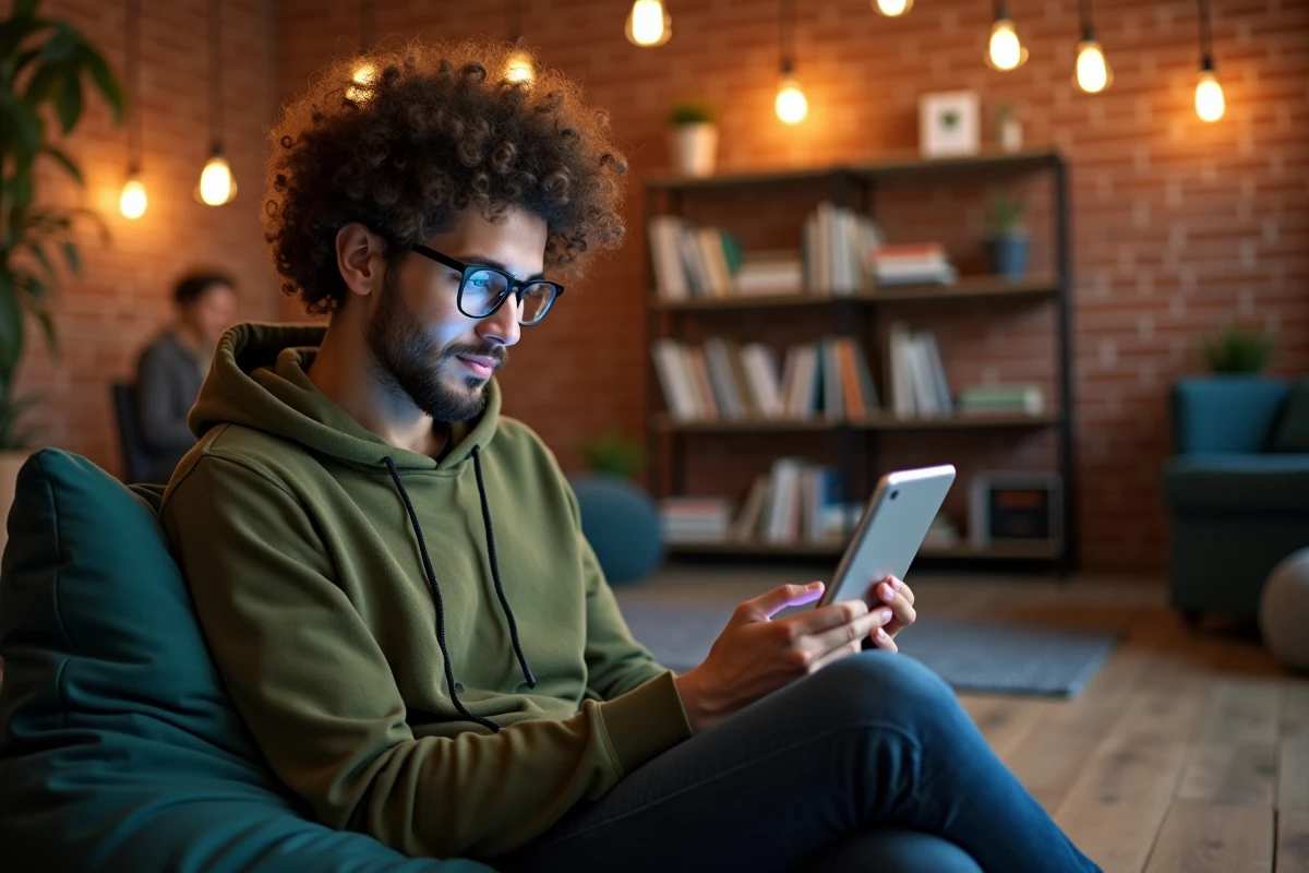 Un jeune développeur ou designer digital consultant une application mobile dans un espace de coworking créatif