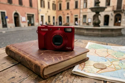 Appareil photo compact Kodak Pixpro FZ55 rouge posé sur un carnet de voyage en cuir et une carte dépliée sur une table de café en bois à l'extérieur