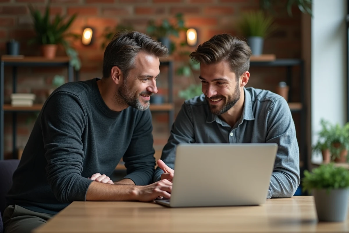 Manager masculin adoptant une posture collaborative et non autoritaire avec un collègue dans un espace de travail créatif