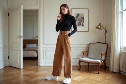 Femme élégante en tenue iconique noir et camel dans un appartement parisien lumineux