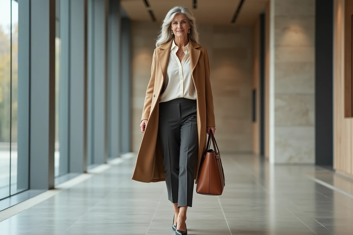 Femme mature au style sophistiqué en manteau camel marchant dans un musée contemporain