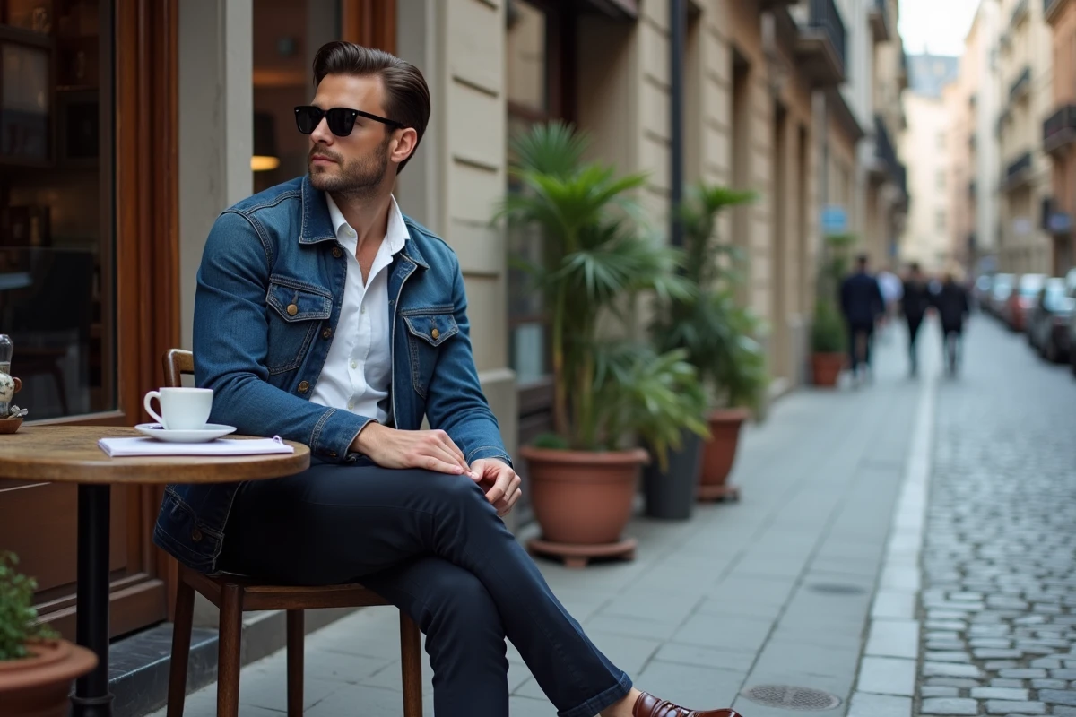 Homme stylé en veste denim et chinos assis dans un café de rue européen avec un look classique