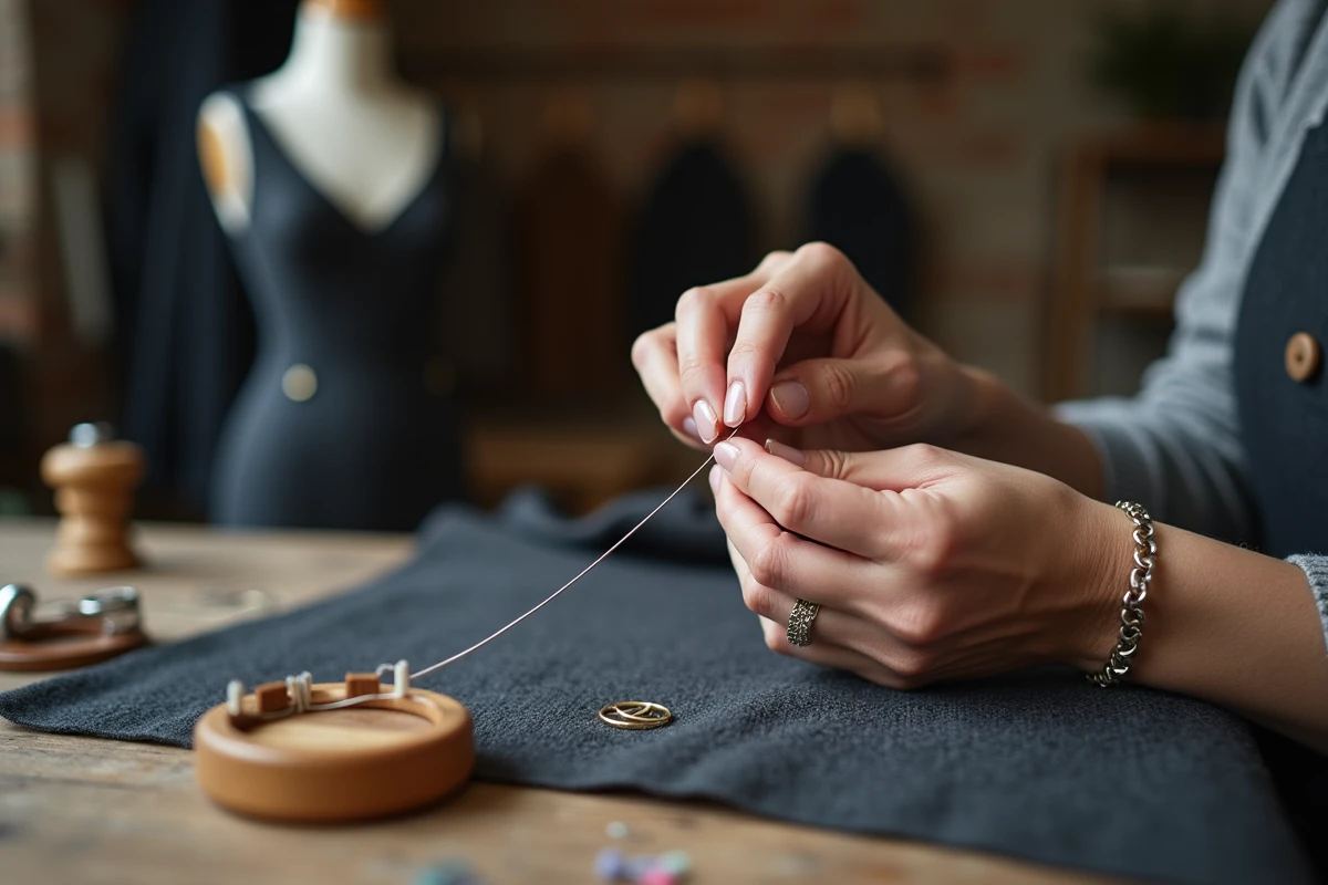 Mains de couturière enfilant une aiguille dans un atelier de couture professionnel avec accessoires de mercerie artisanaux
