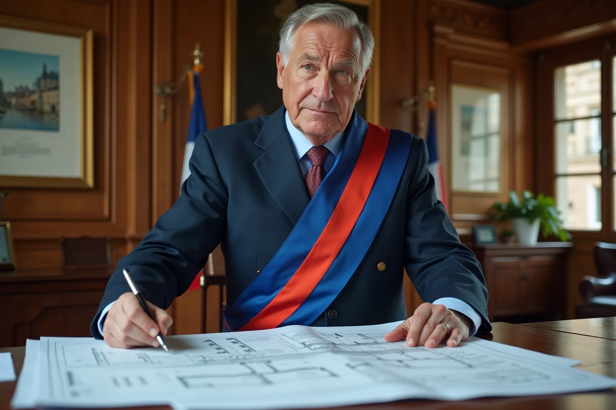 Maire français en écharpe tricolore examinant des plans d'urbanisme dans son bureau municipal
