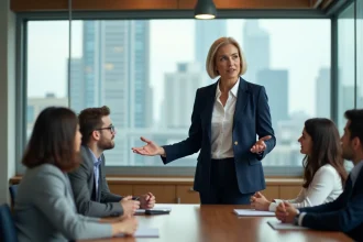 Femme manager confiante animant une réunion d'équipe avec autorité bienveillante dans un bureau moderne