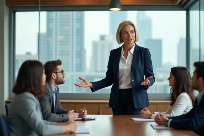 Femme manager confiante animant une réunion d'équipe avec autorité bienveillante dans un bureau moderne
