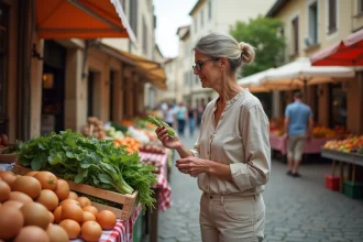 Femme faisant ses courses au marché en plein air dans une petite ville de province française, comparant les prix des légumes frais