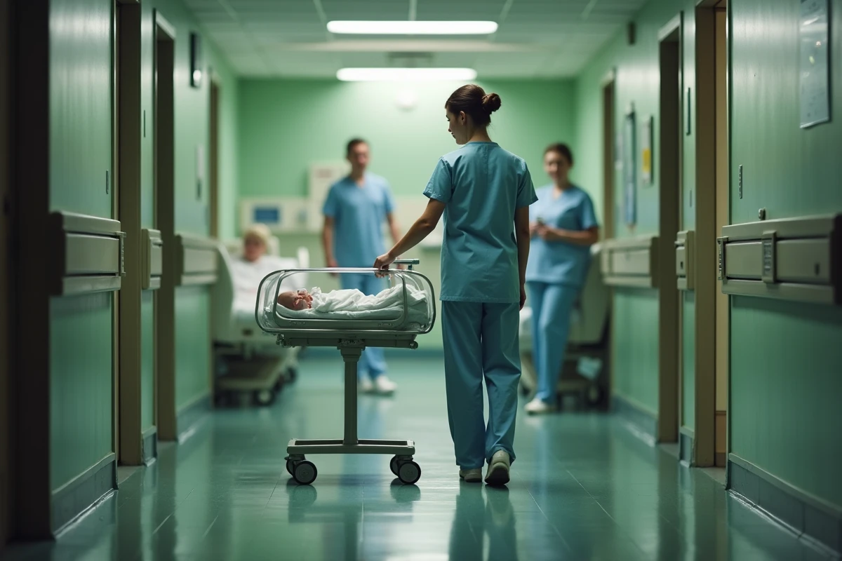 Infirmière dans un couloir de maternité symbolisant le taux de natalité et la première phase démographique