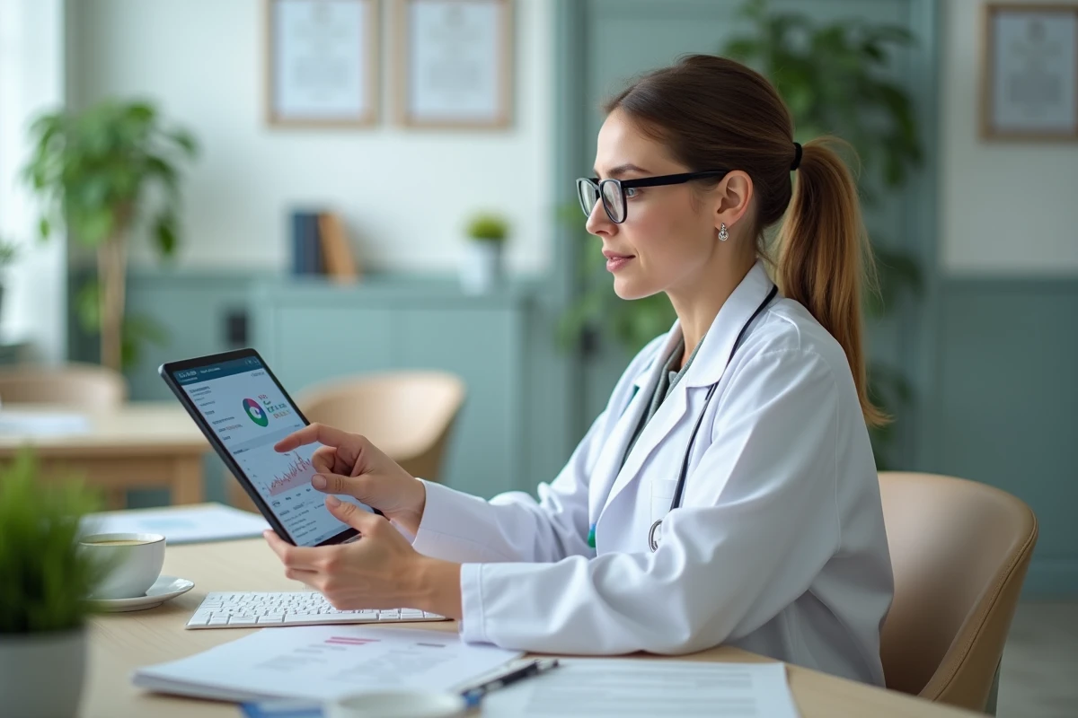 Médecin femme consultant des données de santé numérique sur une tablette dans un cabinet médical moderne
