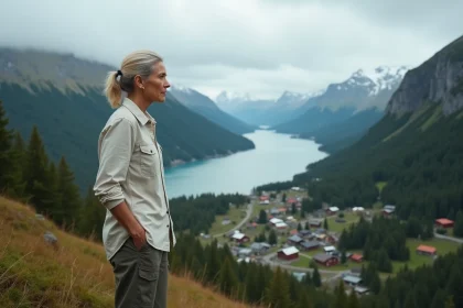 Femme contemplant un village scandinave dans un fjord verdoyant, paysage résilient face au changement climatique