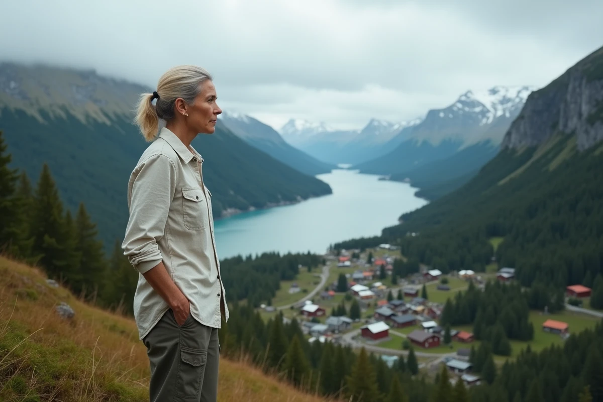 Femme contemplant un village scandinave dans un fjord verdoyant, paysage résilient face au changement climatique