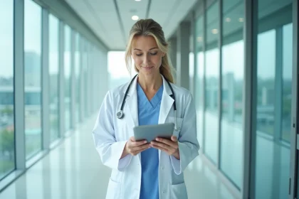 Médecin femme en blouse blanche consultant une tablette numérique dans un couloir d'hôpital moderne symbolisant l'excellence médicale mondiale