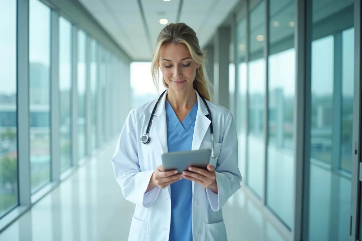 Médecin femme en blouse blanche consultant une tablette numérique dans un couloir d'hôpital moderne symbolisant l'excellence médicale mondiale