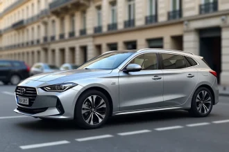 Berline hybride non rechargeable argentée garée dans une rue parisienne en 2026