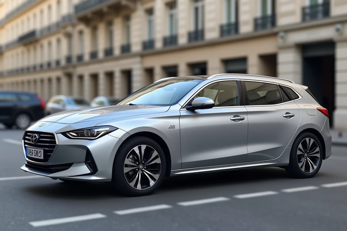 Berline hybride non rechargeable argentée garée dans une rue parisienne en 2026