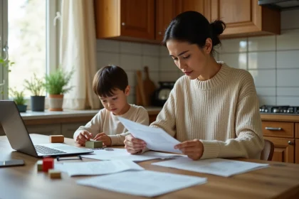 Mère célibataire consultant des documents d'aides sociales à la table de cuisine avec son enfant jouant à côté d'elle
