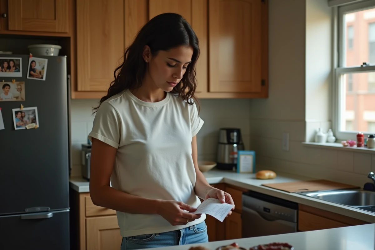Mère de famille monoparentale gérant son budget dans un appartement modeste, illustrant la réalité de la pauvreté urbaine