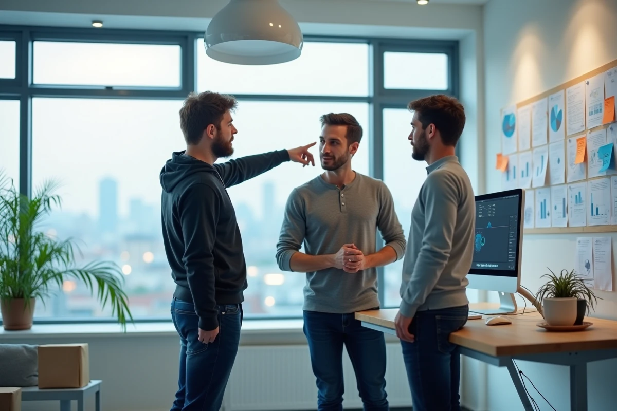 Équipe de millennials collaborant autour d'un bureau debout dans un bureau moderne et lumineux