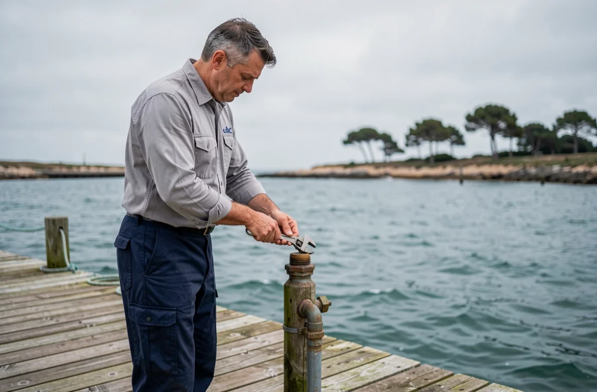 Plombier Oléron Plomberie Services intervenant sur une installation d'eau extérieure sur l'Île d'Oléron