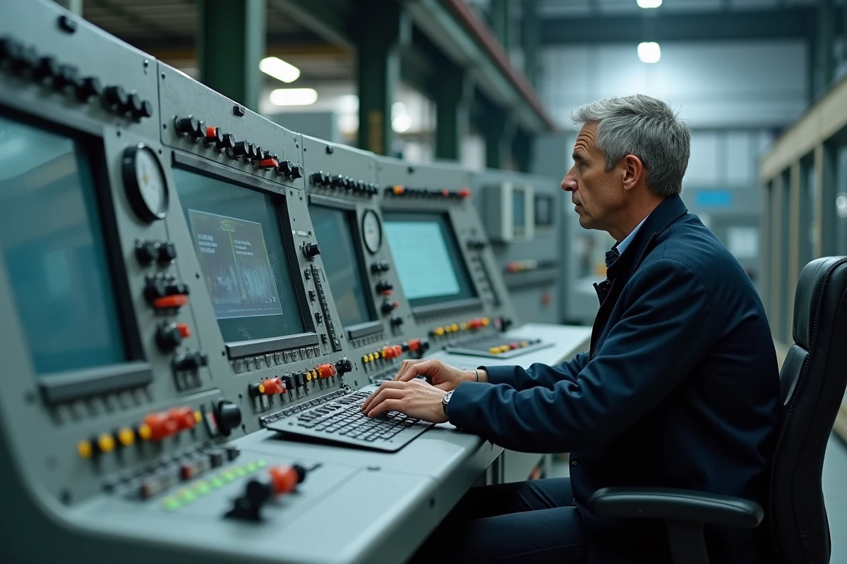 Opérateur industriel interagissant avec un panneau de contrôle physique pour illustrer les interfaces dans les environnements techniques