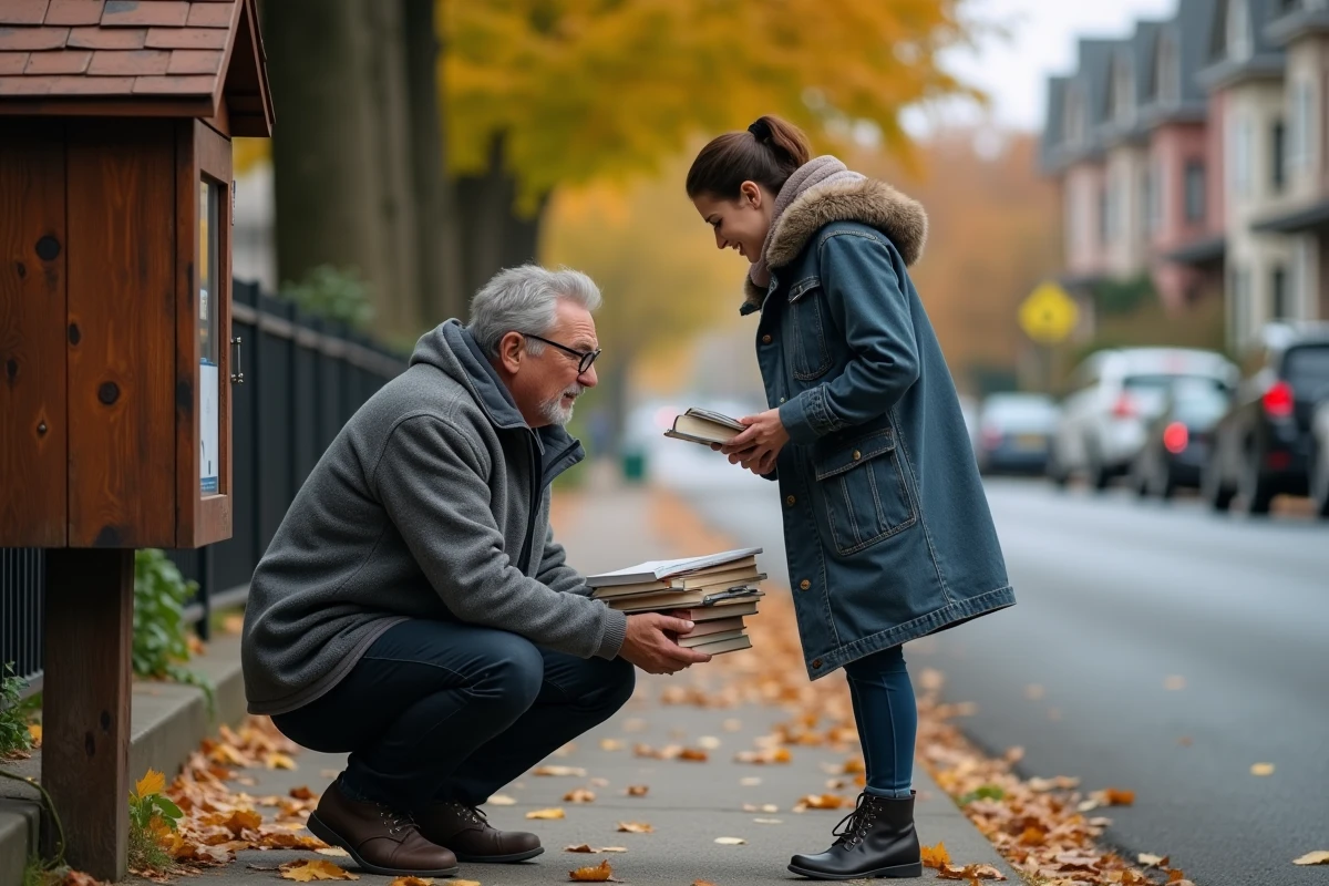 Un homme dépose des livres dans une boîte à livres de rue pendant qu'une jeune femme choisit un ouvrage, symbole du partage culturel en communauté