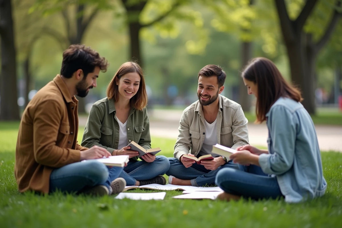Groupe d'adultes assis en cercle dans un parc partageant des livres et des idées, symbole du partage des connaissances