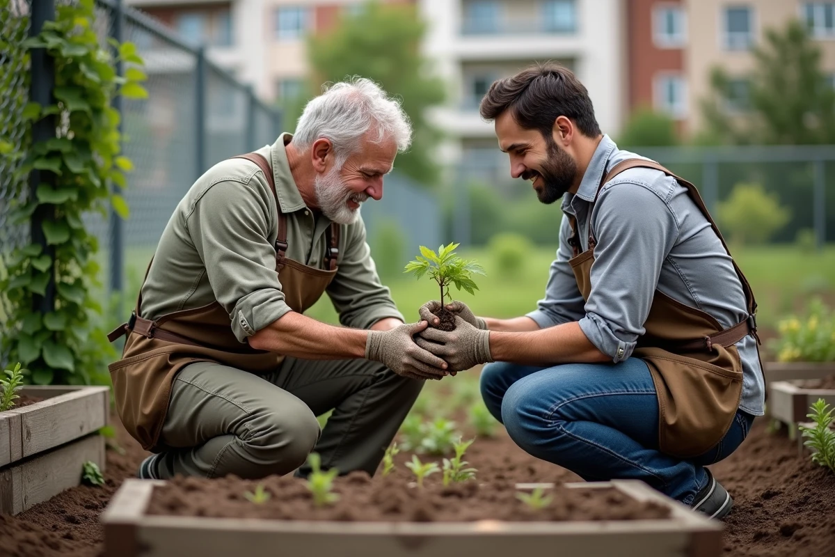 Un homme âgé partageant un plant de jardin avec un jeune homme dans un jardin communautaire urbain, reflet de la générosité intergénérationnelle