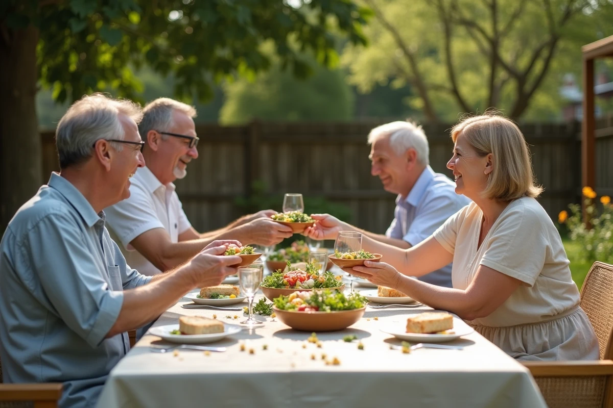 Groupe d'adultes partageant un repas convivial en plein air autour d'une grande table en bois dans un jardin