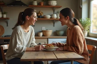 Deux femmes partageant un repas à table dans une cuisine chaleureuse, illustrant les bienfaits du partage au quotidien