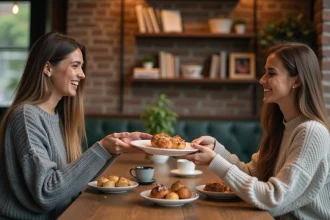 Deux femmes partageant des pâtisseries dans un café chaleureux, illustrant la valeur du partage au quotidien